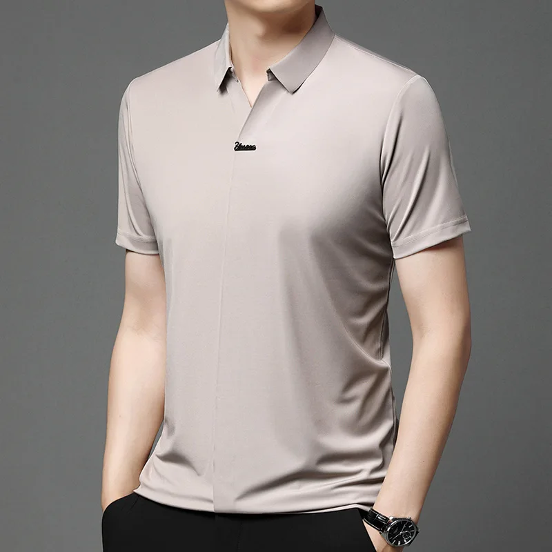M-4XL Summer New Casual Scissor Collar Short Sleeve Polo Shirt Men's Flip Collar Breathable Business T-shirt Men