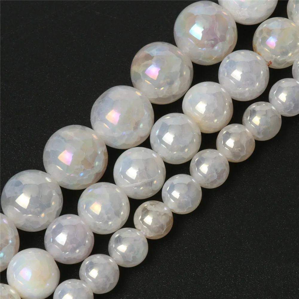 

AB Color Plated White Electroplated Cracked Fire Agates Loose Beads for Jewelry Accessories Making DIY 15''