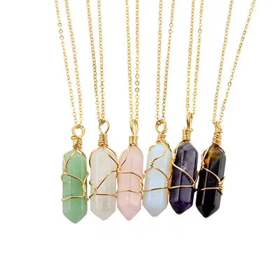 

Hot Sale Gold Wire Wrapped Hexagonal Column Natural Stone Different Quartz Amethyst Opal Pendants for women Necklace