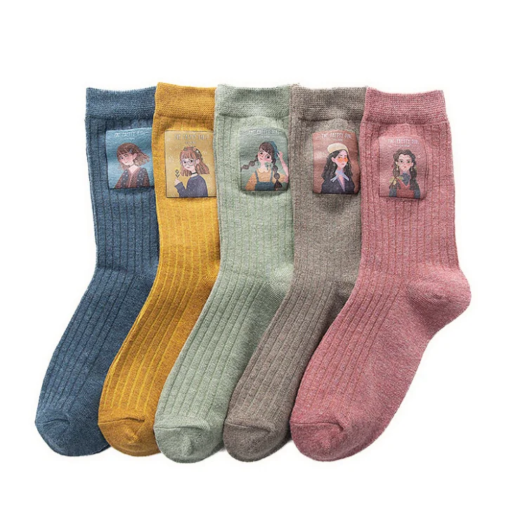 

Cotton Women Long Socks Autumn Breathable Deodorant Winter New Cute Cartoon Fashion Brief Wild Trend Motion Socks Women, White, pink,purple