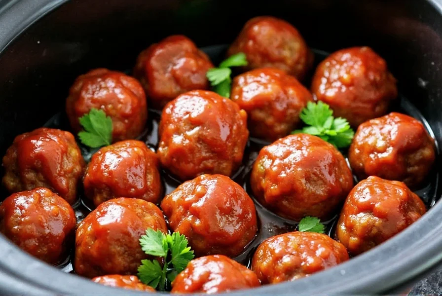 Slow cooker filled with glossy meatballs coated in sweet grape jelly and chili sauce glaze, garnished with fresh parsley