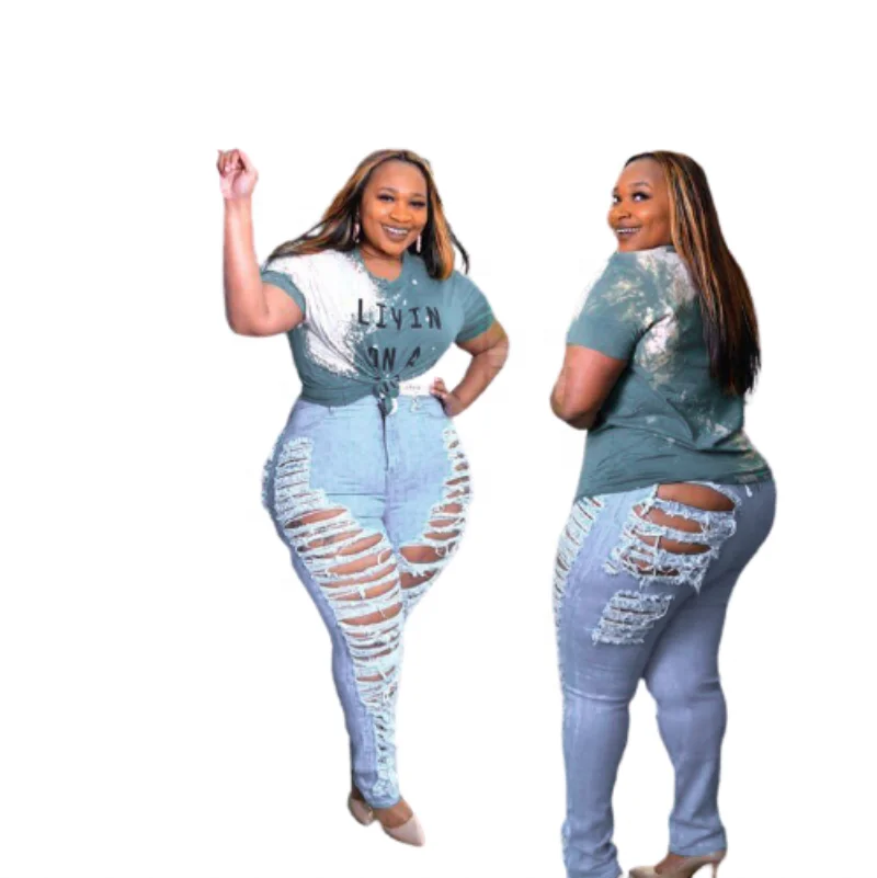 

High Quality 5XL High Wait Ripped Stretch Denim Hole Plus Size Denim Jeans Women