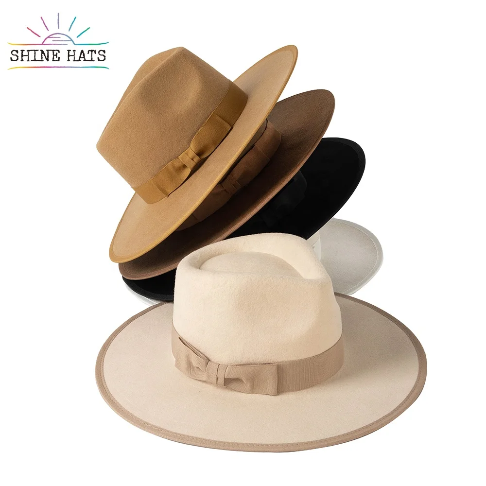 

Shinehats 2022 Winter Lack Color Chic Teardrop Crown 100% Wool Felt Rancher Fedora Hat Stiff Wide Brim Unisex with Trimmed Band