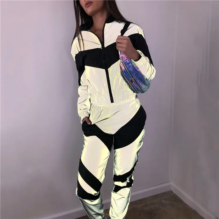 

Leisure Suit Wind Breaker Two Pieces Set Women Daily Life Streetwear MN A8507 Mosaic Reflective Sports 2021 Hot Style Autumn