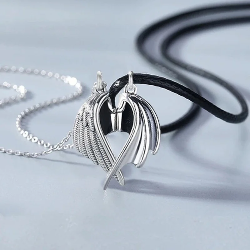 

2pcs Magnetic Choker Necklace Friendship Infinite Love Angel Demon Wing Stainless Steel Pendant Couple Necklaces for Him and Her, Silver colors