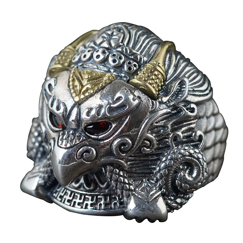 

Real 925 Sterling Silver Ring for Men Giant Roc Design With Natural Garnet Stone Gold Color Wings Male Biker Jewelry