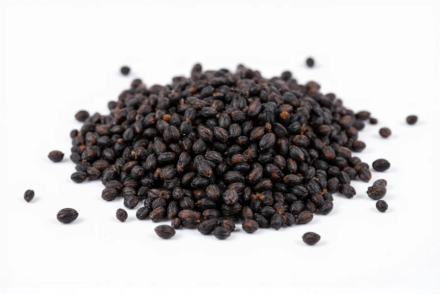 Black cumin seeds close-up showing distinctive black color and irregular shape on white background