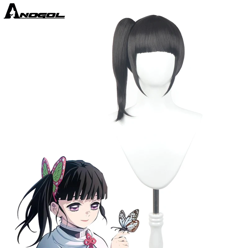 

Anogol Tsuyuri Kanawo Synthetic Cosplay Wig Black Medium Ponytail With Flat Bangs Heat Friendly For Halloween Party