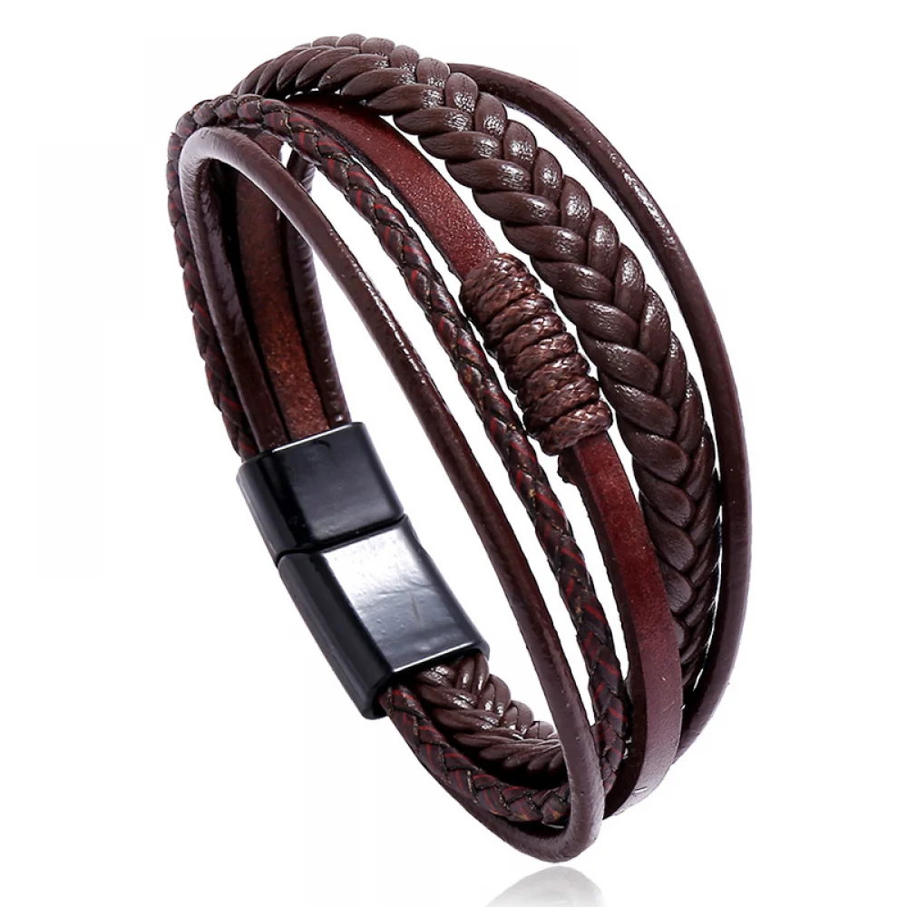 

Wholesale Bulk Trendy Wristband Pulsera De Cuero Multilayer Magnetic Clasp Rope Braided PU Leather Bracelet For Men