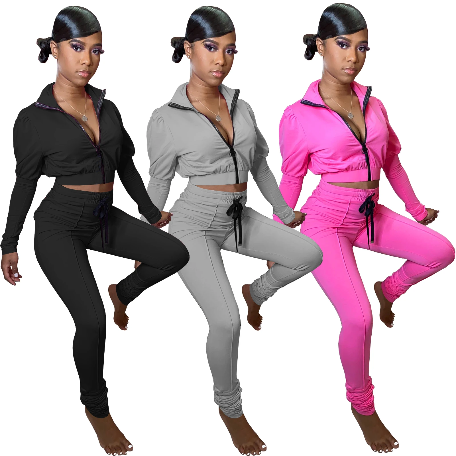 

Foma clothing SY9067 winter women clothing Solid Color Bubble Sleeve wrinkling pants sports two piece set women suit 2020