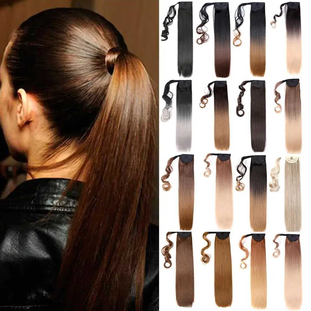 

Hot sell Wholesale Available Ombre Mixed Color Straight Synthetic Ponytail Wrap Around Magic Paste Ponytail