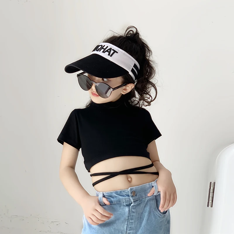

2020 New Summer Fashion Solid Crop Top with Lace up Cute Kid Girl Green Fashion Show T-shirt Dancing Shirt for 2-8T, As photos