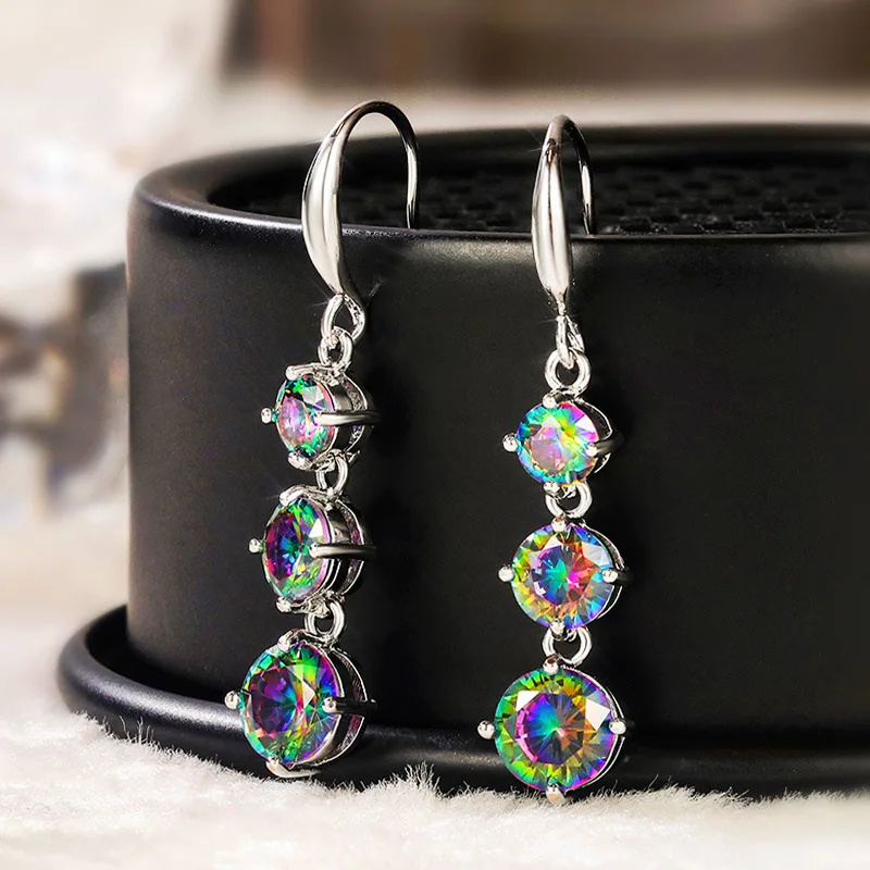 Luxury Shiny Multi Square Round CZ Crystal Drop Hook Earrings Long Colored Cubic Zirconia Dangle Earrings