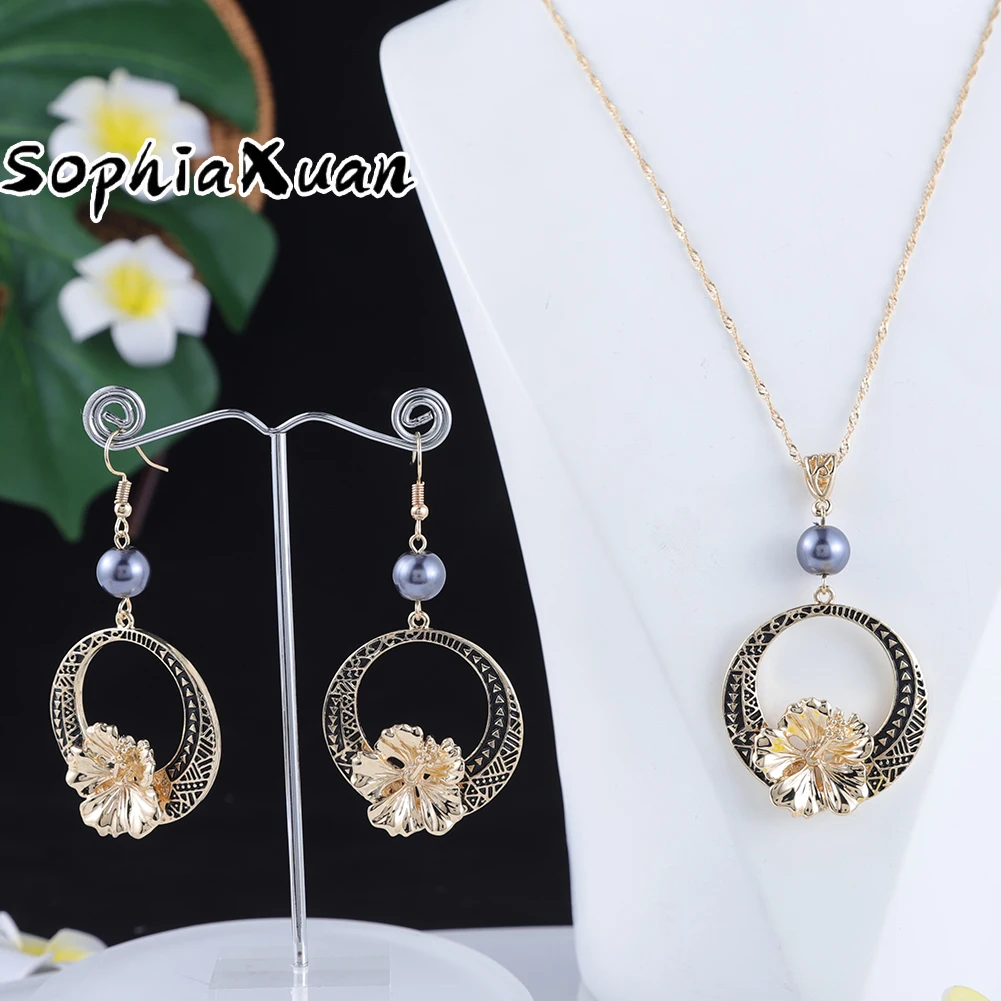 

SophiaXuan Samoan Pearl Dropship Gold Polynesian Set Flower Earrings Necklace Hawaiian Jewelry Wholesale Haku, Picture shows