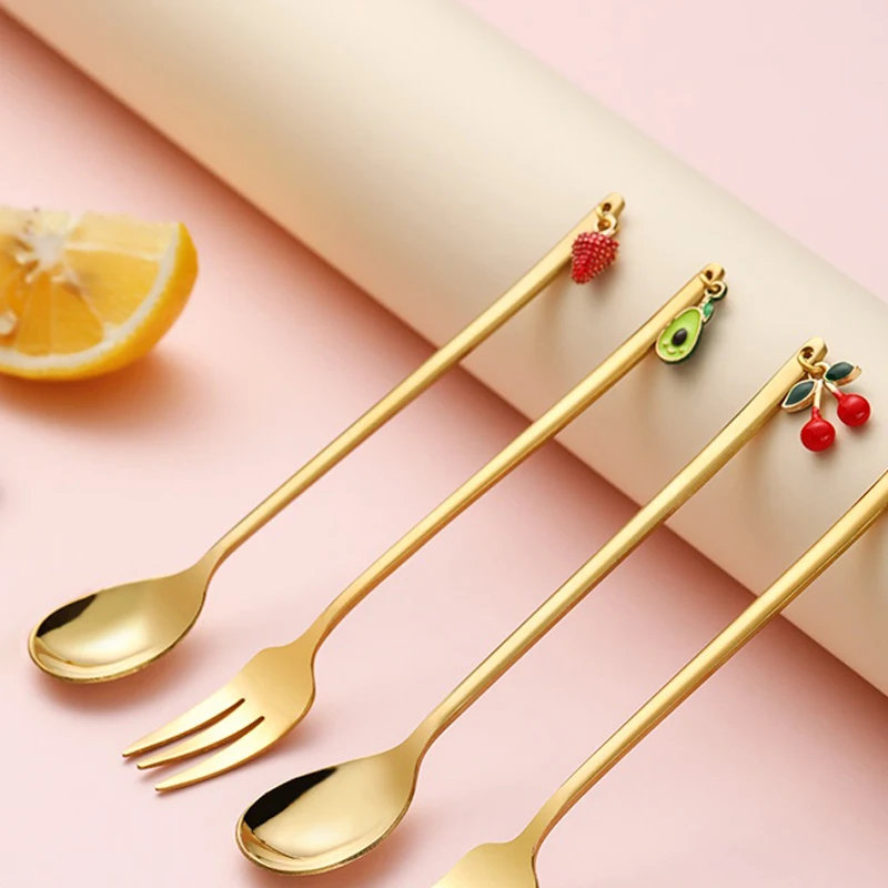 

Cute Fruit Spoon Fork Set Stainless Steel Tableware, Golden