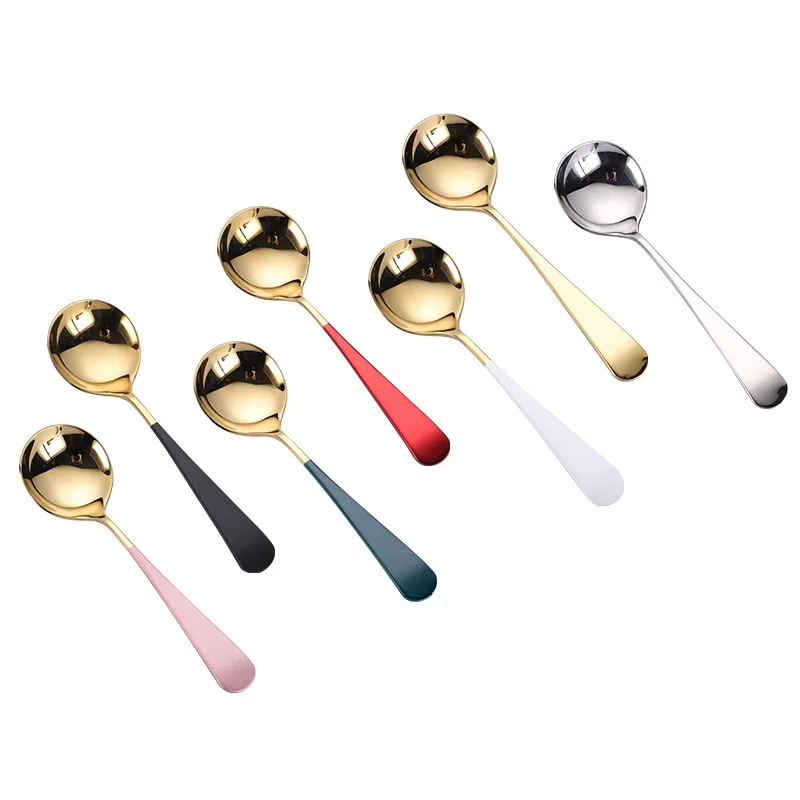 

Fashional Colorful 304 Stainless Steel Spoon Round Heard Mirror Polishing Dessert Spoon, Silver/gold/rose gold/multicolored/black/gold+painted