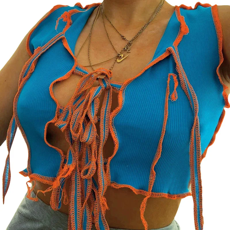 

2020 new arrivals fashion summer sleeveless Bandage women knitted ladies cami top tank top stitch tops, As picture