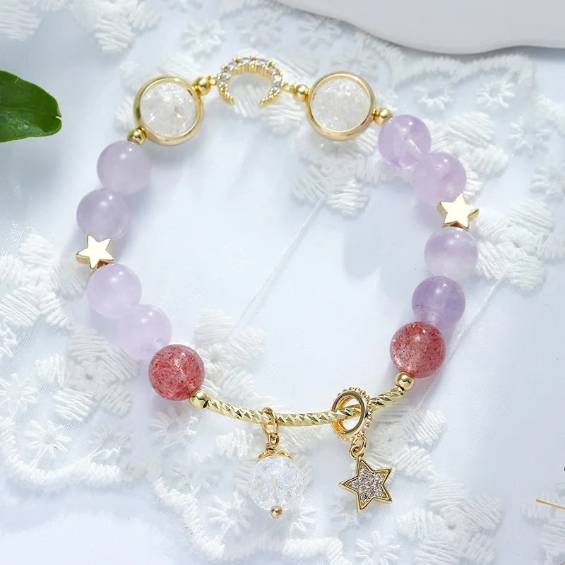 

Hot Selling Rose Pink Natural Stone Crystal Moon Star Bracelet Delicate Amethyst Quartz Moon Star Beaded Bracelet for Women