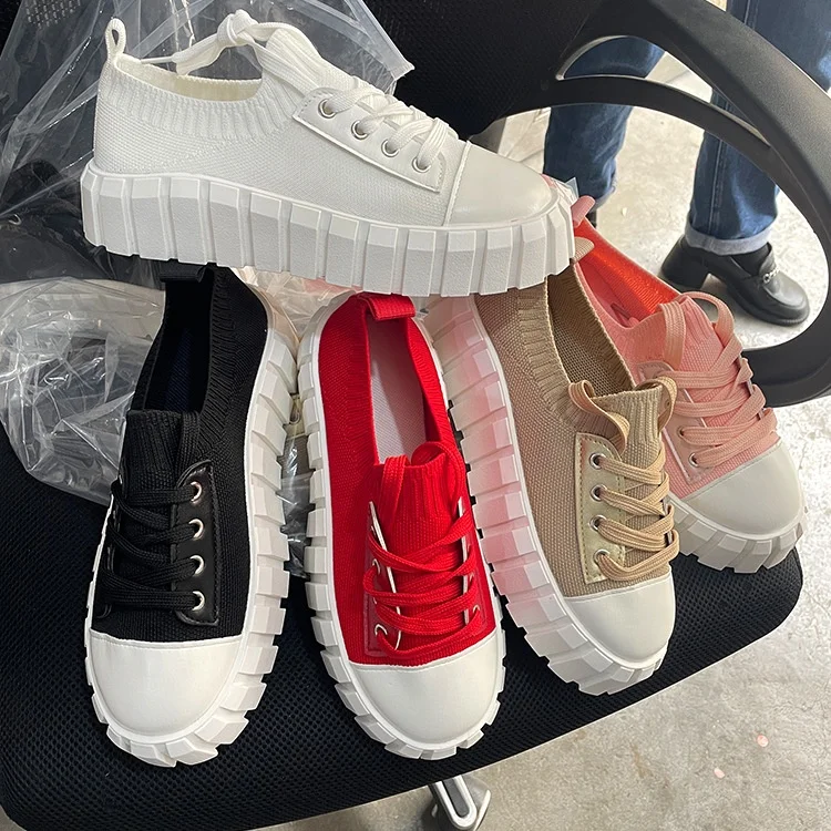

Amazon Hot Large Size Lace Up Breathable Woven Knitted Fabric Mesh Platform Muffin Comfortable Ladies Casual Shoes For Women, 5 colors
