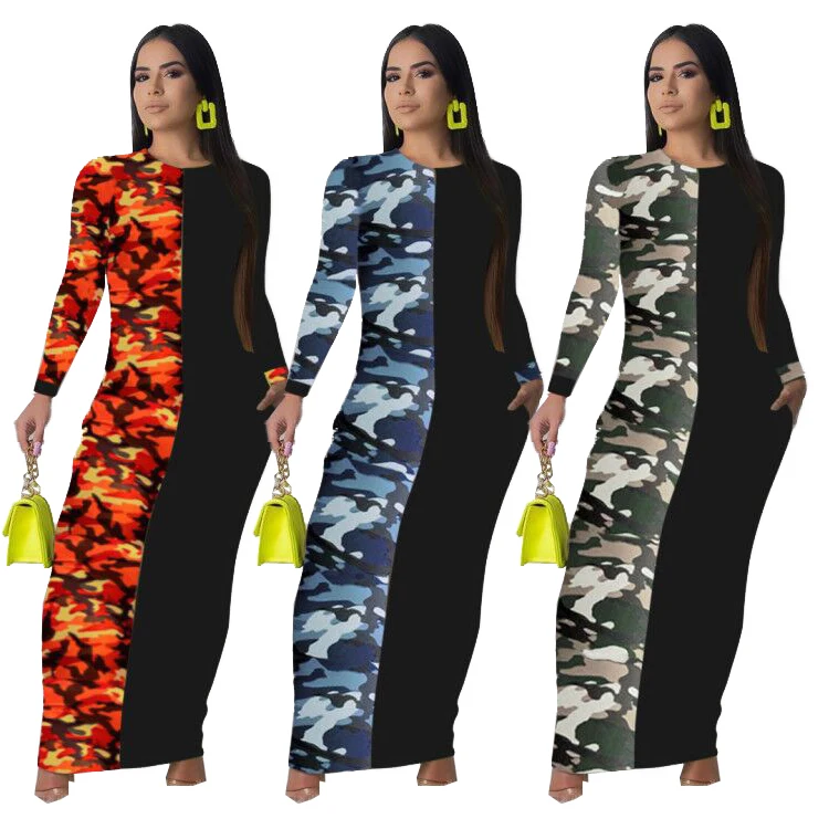 

Elegant fashion skinny camouflage stitching printed lady clothing long sleeve bodycon casual dresses FM-BL7333, Blue orange green