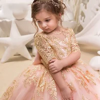 

little girl birthday party dress lace applique long sleeve kids ball gowns