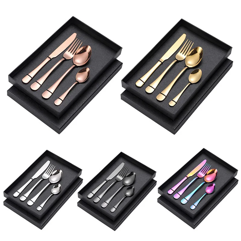 

Promotional gift stainless steel gold plated flatware metal spoon fork knife cutlery set, Gold, rose gold, silver, colorful, black