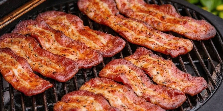 Platter of beautifully grilled bacon slices with spices
