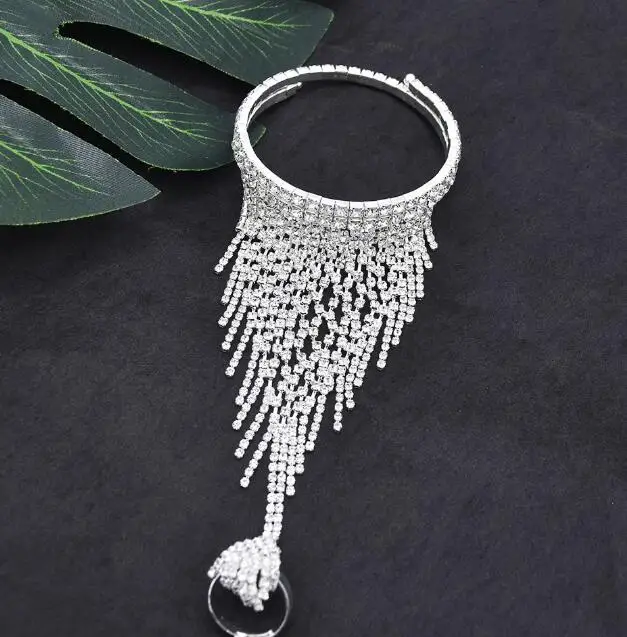 

Fashion shiny crystal bracelet bangle with ring Jewelry bridal wedding silver hand chain