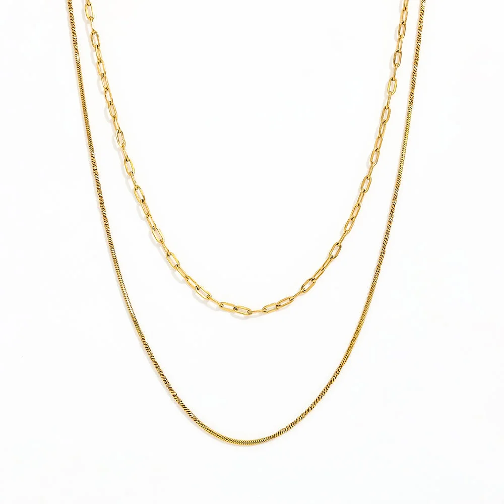 Joolim Jewelry 18K Gold Plated Double-Layer Necklace Square Snake Chain Paper Pin Link Vintage Stainless Steel Wholesale