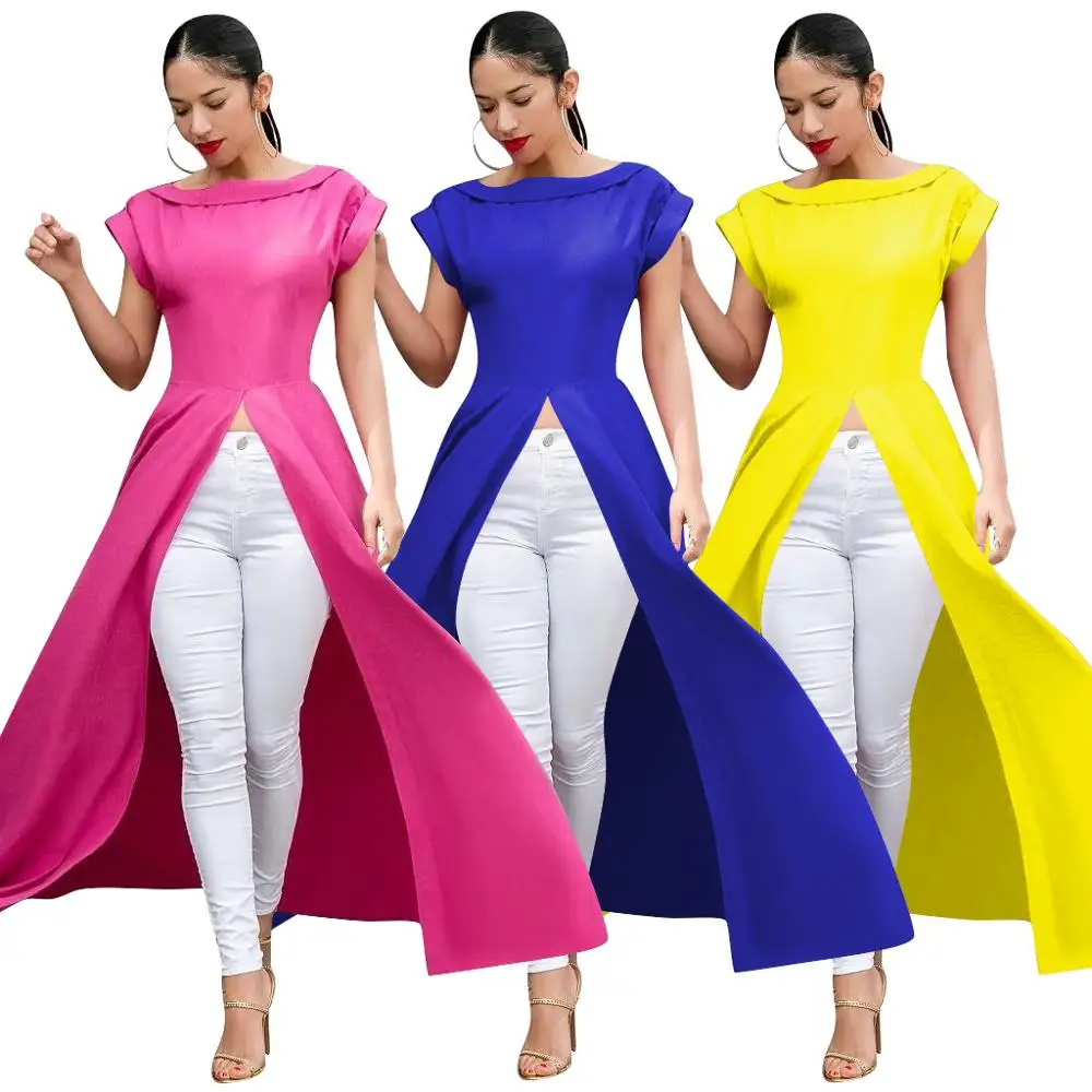 

Summer dress TOP with short sleeves, round neck and wide parting