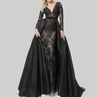 

black lace long sleeve v neck fabric textile embroidered dress muslim women robe dress long for wedding evening party