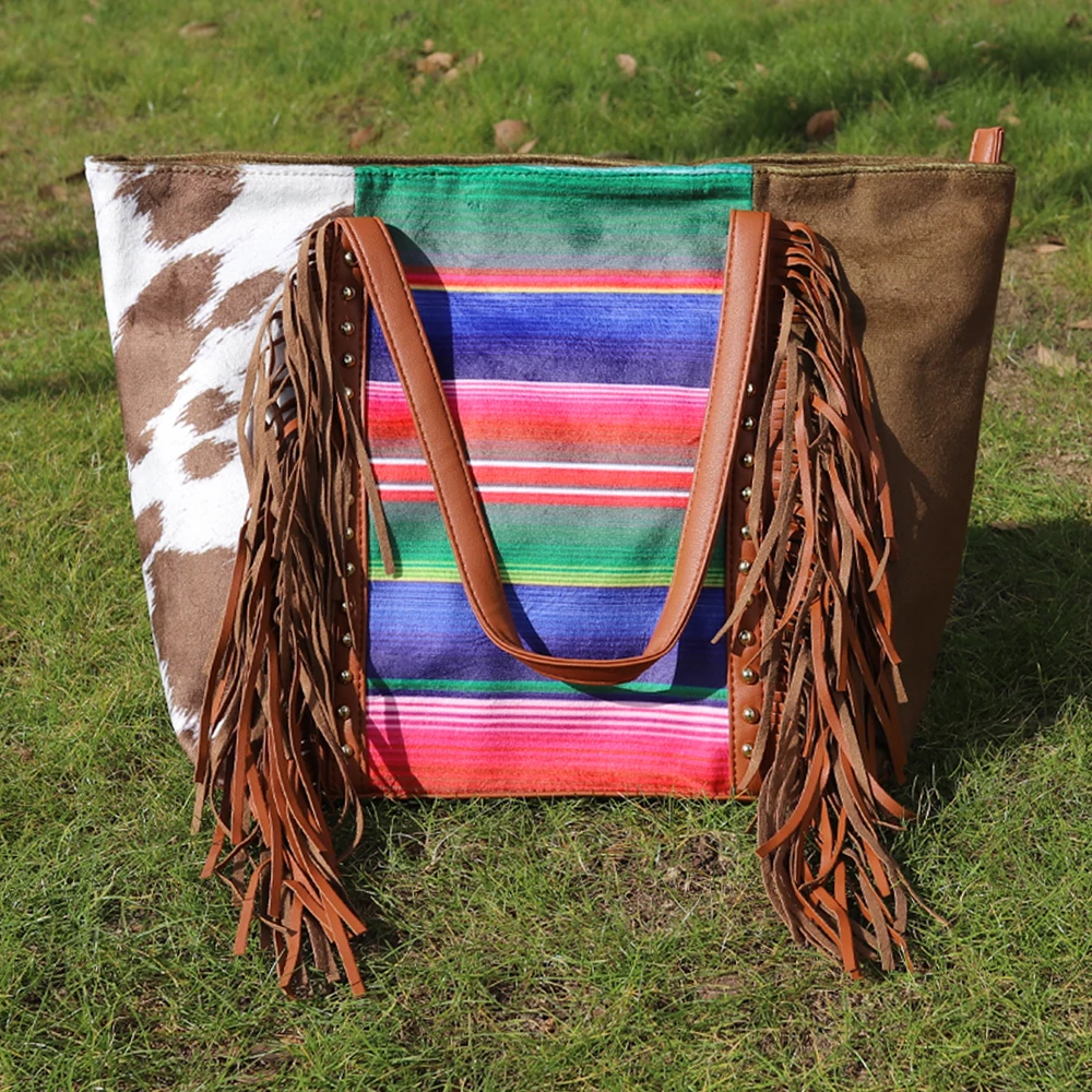 

Fashion Western Lady Brown Cowhide Suede Tassel Shoulder Tote Purse Women's Rainbow Suede Fringe Tote Bag with Rivet for Girls, Sunflower,leopard,cowhide etc.or as request.