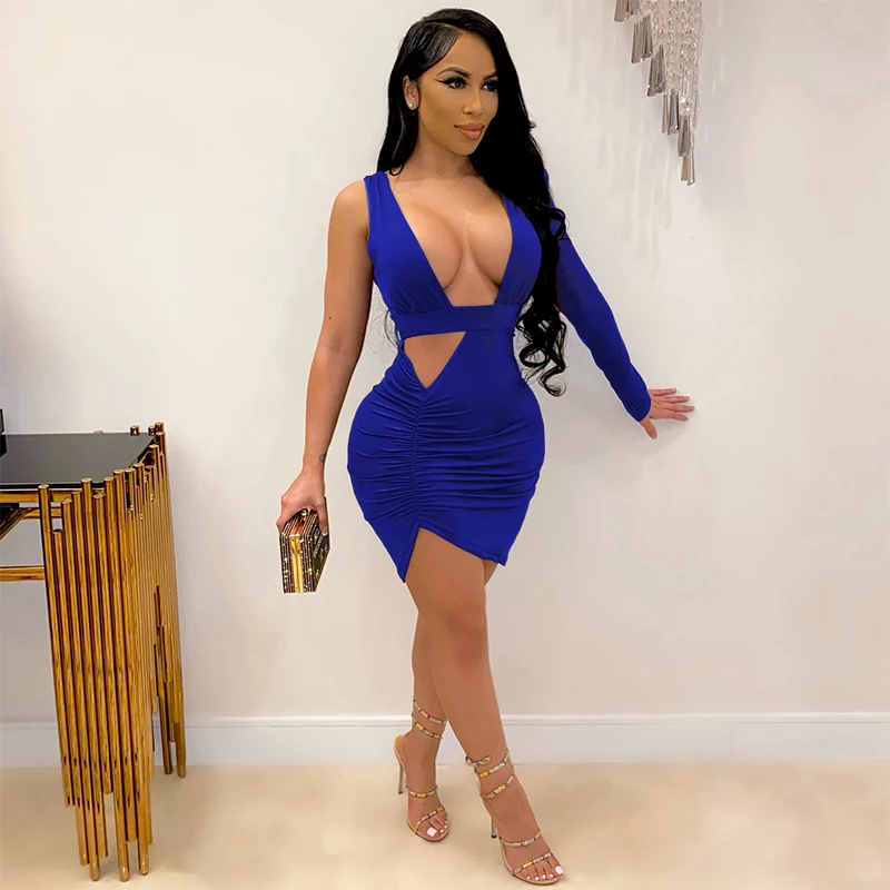 

Fahion Hot Products 2021 V-neck Evening Dresses One Long Sleeve Irregular Cut Out Dress High Waist Pleating Sexy Dresses