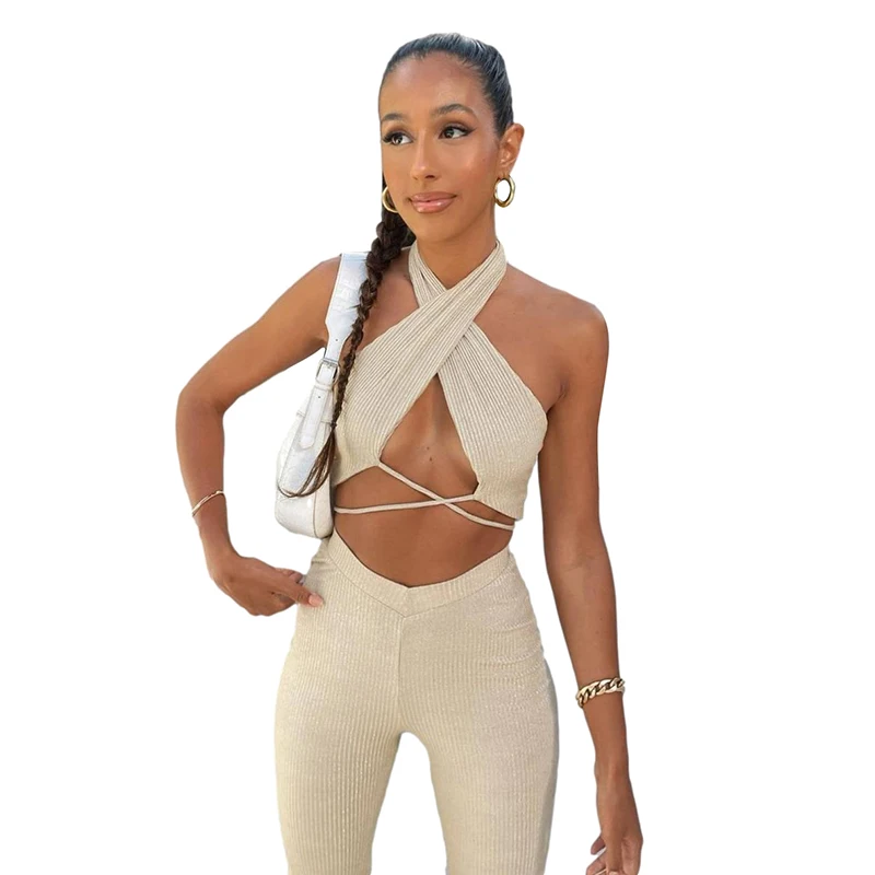 

2021 Spring Tie Bow Crop Top And High Waist Pants Workout Co-ord Outfits Casual Women Two Piece Sets