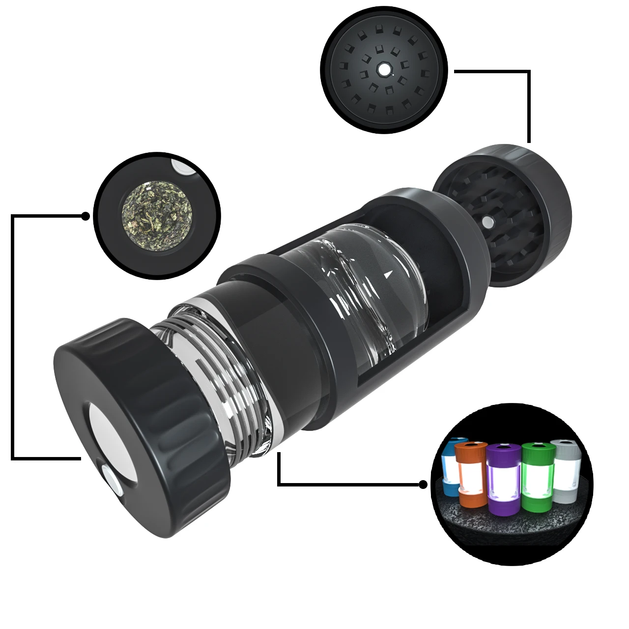 

2021 New type led glow weed jar Led bottles lights stash Jar with metal pipes and grinder kits