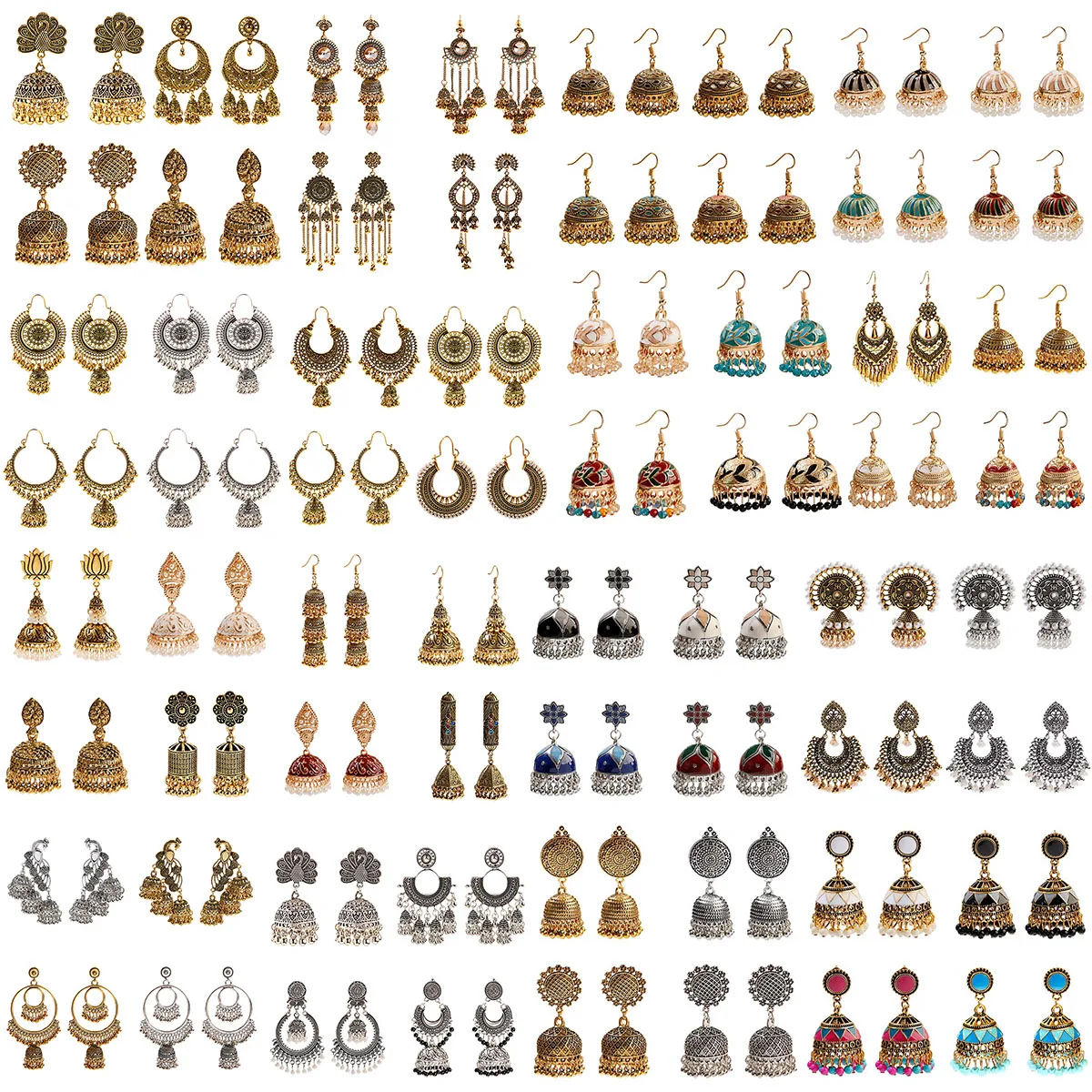 

Women Indian Jhumka Jhumki Ethnic Dangle Earring Sets Women Vintage Silver Gold Long Tassel Bell Drop Bollywood Earrings, Gold & silver