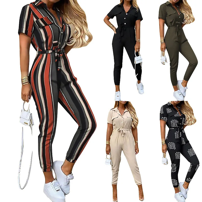 

summer clothing women lapel print tooling romper bodycon long sleeves one piece jumpsuit, 5 colors