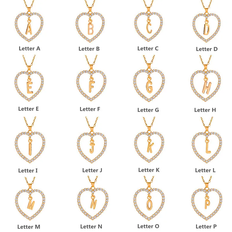 

Fashion Valentines Day Gifts Heart Pendant Zircon Stainless Steel Initial Name Letters Necklace