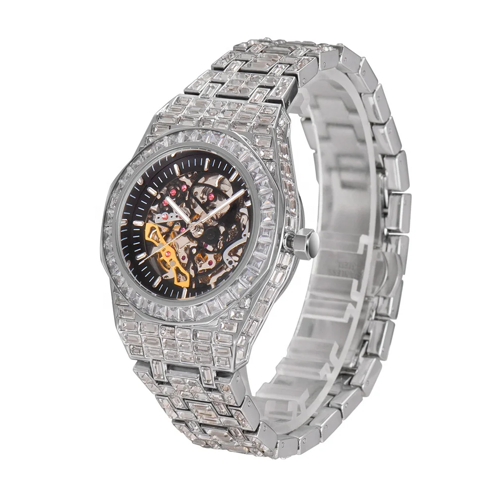 

Luxury Bling Hip Hop Fully Diamond Iced Out Watch Waterproof Mens Skeleton Automatic Mechanical Watch