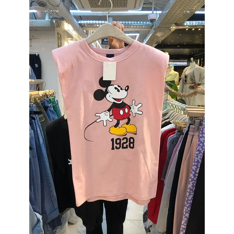 

Summer new shoulder padded vest letter cartoon print round neck Pullover loose sleeveless T-shirt vest for women