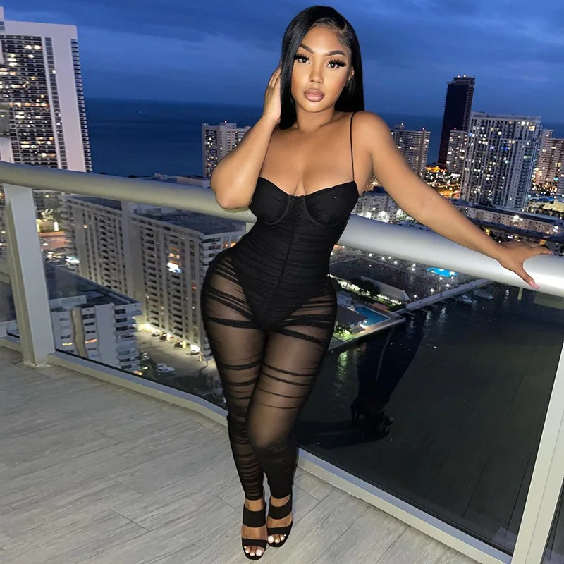 

M20915 Ladies summer wear sleeveless backless sexy see through ruched black mesh jumpsuits for women