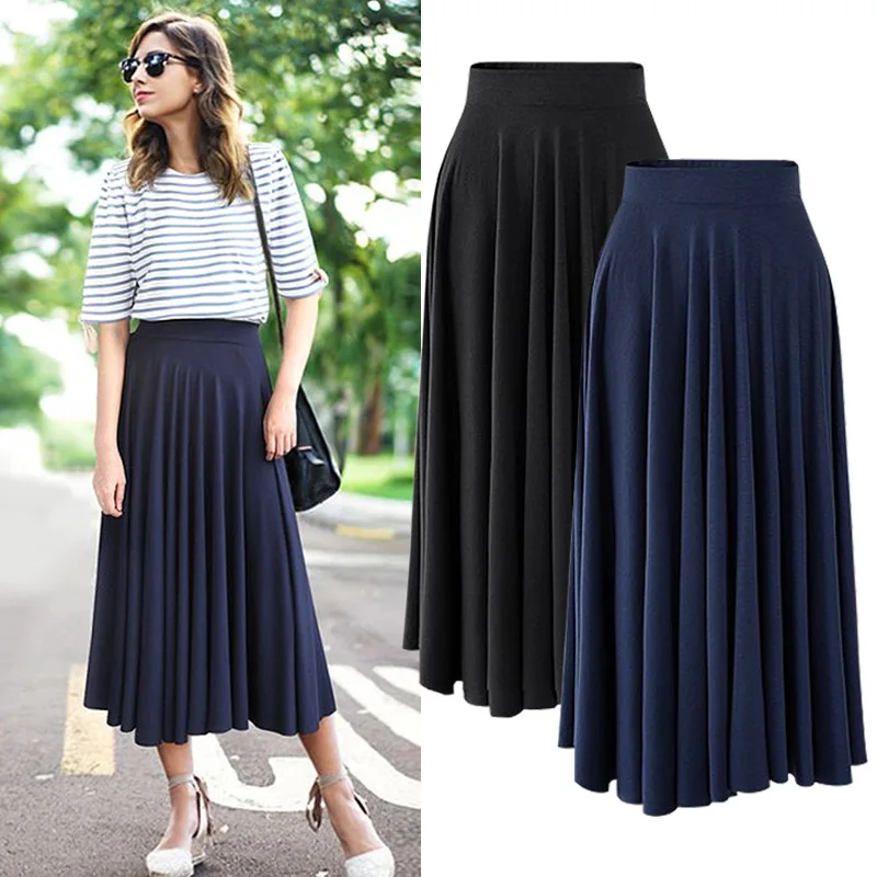 

New High Waist Pleat Elegant Skirt Rose Red Black Solid Color Long Skirts Women 8XL Plus Size Ladies