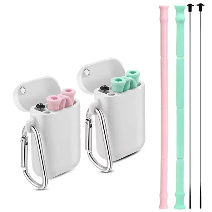 

Folding Portable Collapsible Silicone Custom Printed Drinking Straw Set, Grey/green/pink/blue