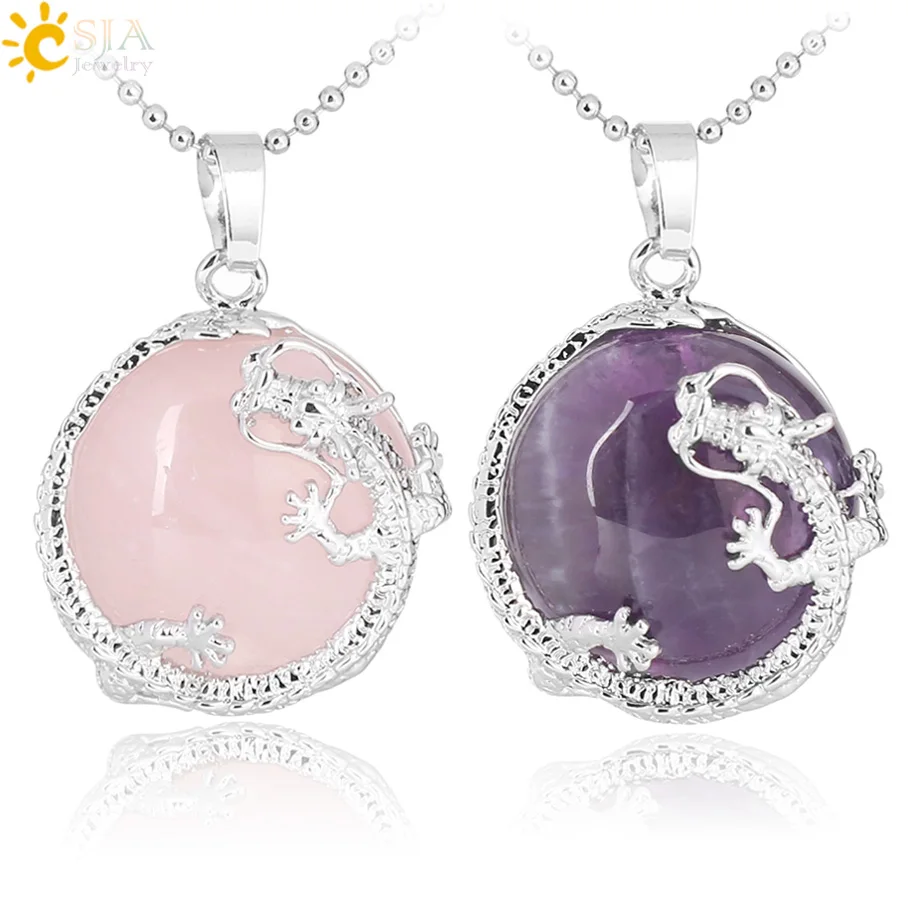 

CSJA Natural Amethyst Stone Dragon Necklace Crystal Gemstone Rose Quartz Pendants Necklaces for Women F304