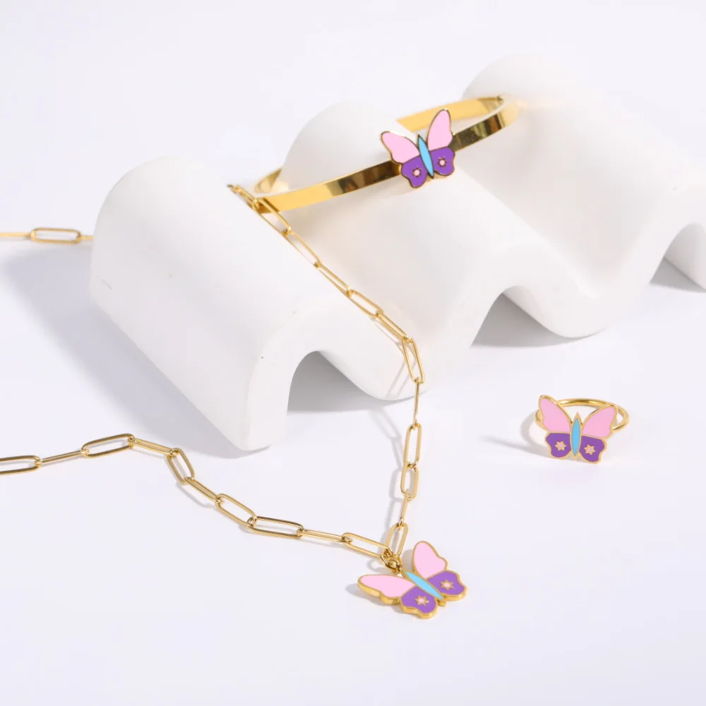 

Trendy Cute Women 18k Gold Plated Paper Clip Chain Girls Jewelry Set Stainless Steel Pink Oil Butterfly Charm Necklace