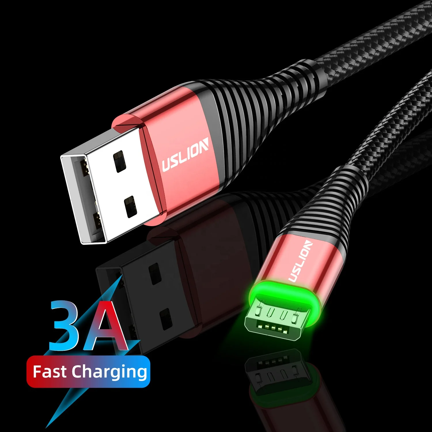 

USLION 3A Green Led Micro USB Cable Fast Charge Wire For Samsung Galaxy Xiaomi Huawei Android Mobile Phone Data Cable, Black/red/blue/purple