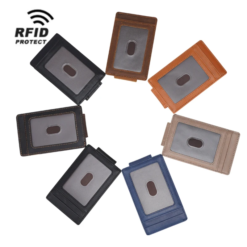 

Free Sample Men Custom Brown Genuine Leather RFID Blocking Strong Magnet Money Clip Real Leather Money Clip Card Holder
