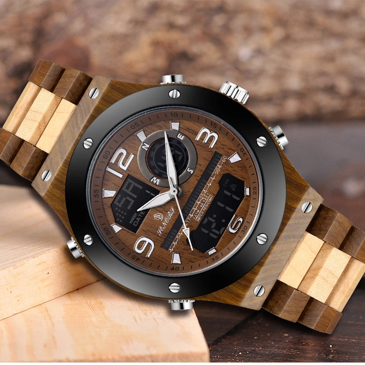 

Fashion new high quality wood watch SN153 LCD dual display watch sandalwood bamboo men's watch, 3-colors