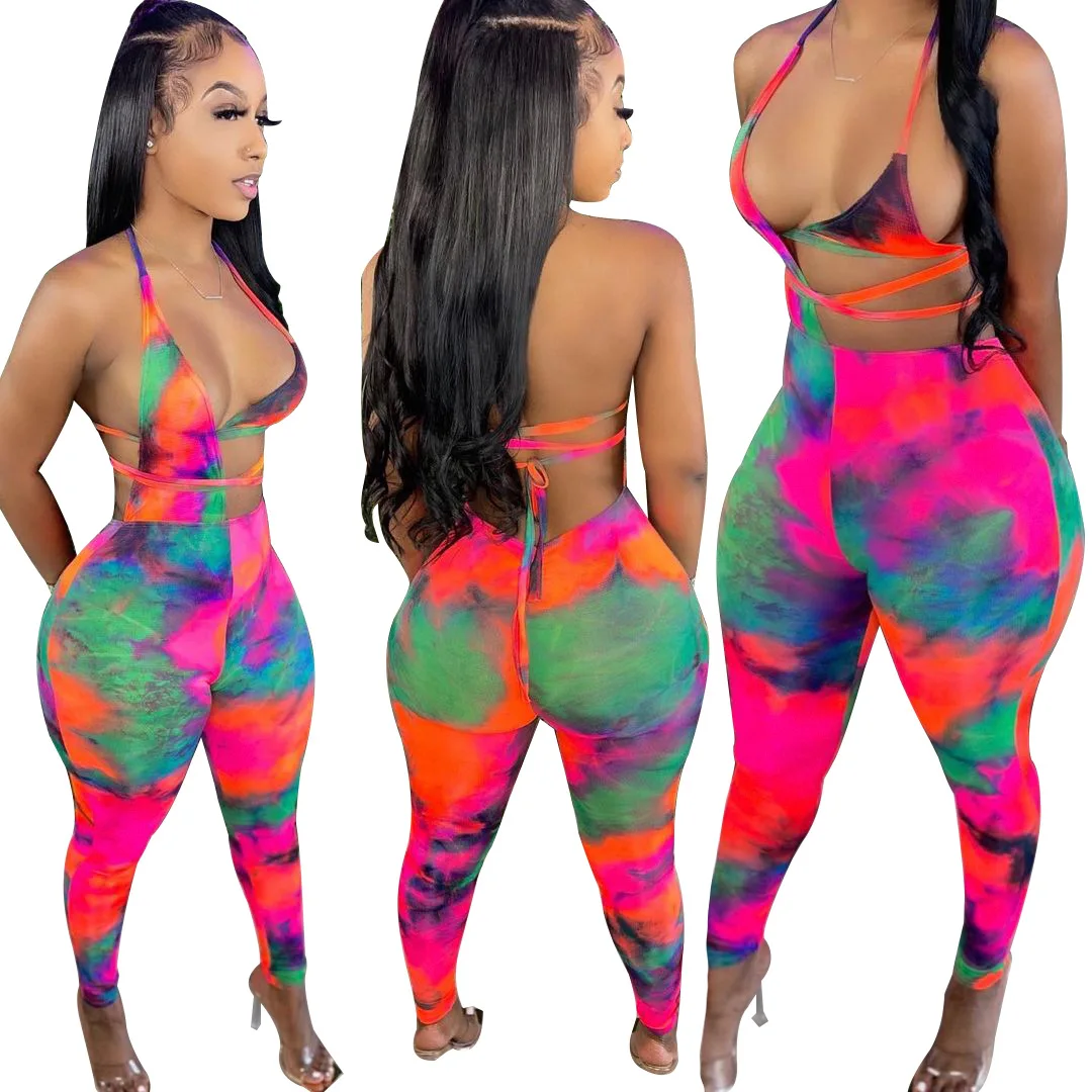 

New Hollow out sexy halter bikini top pants club wear printed bodycon summer outfit womans clothing, Picture color