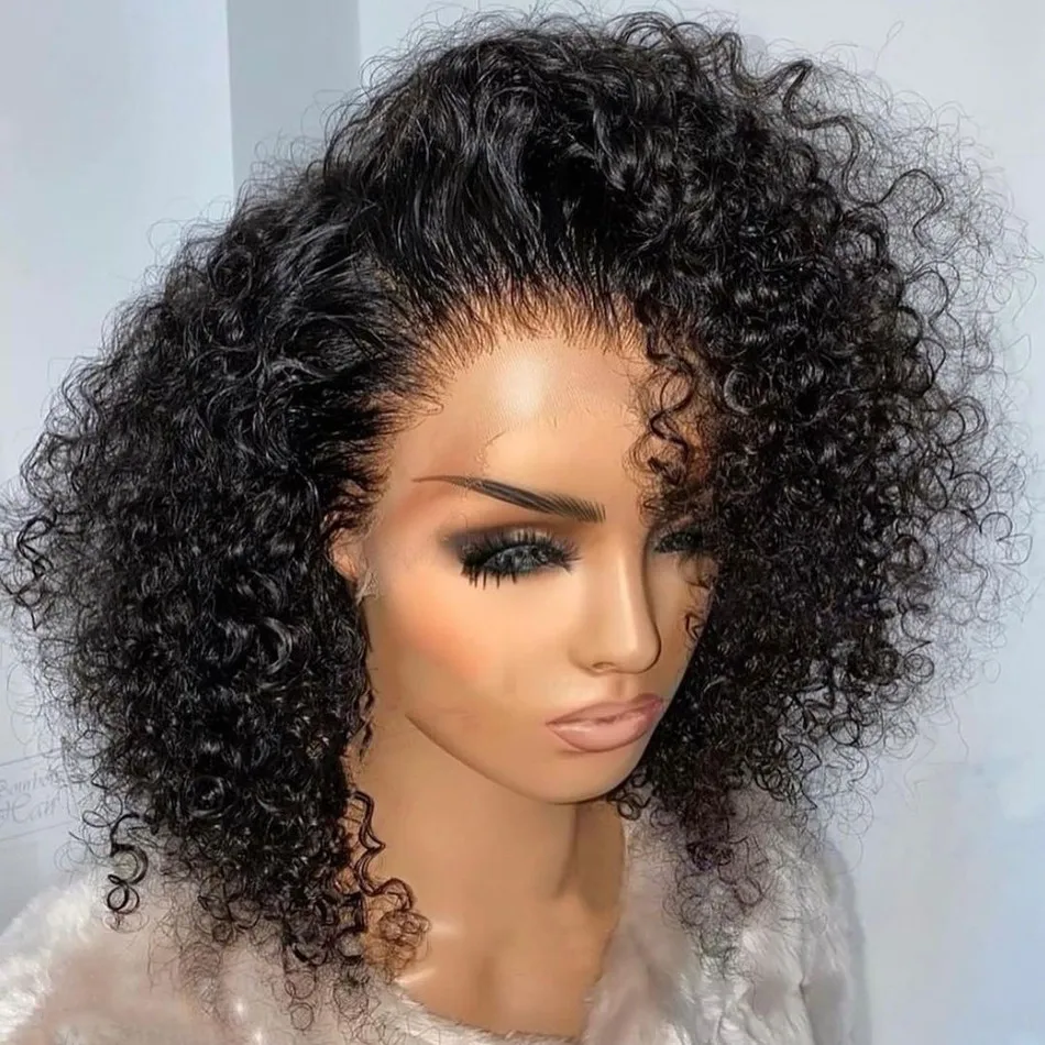 

Wholesale Raw Indian Human Hair Virgin Deep Curly Wave Side Part Short Lace Front Closure Bob Wig For Black Women